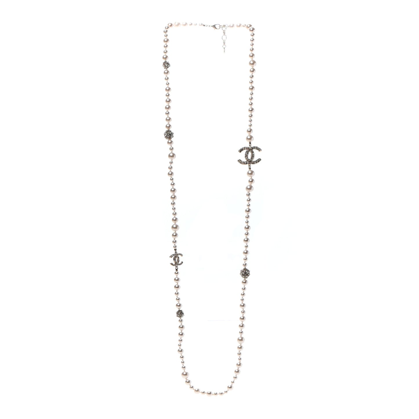 Pearl Baguette Crystal CC Long Necklace Silver