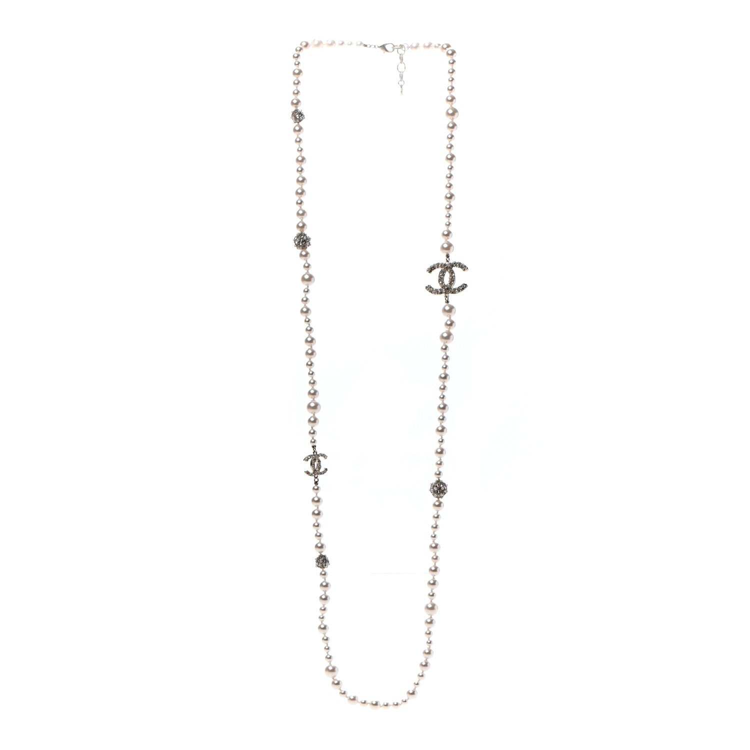 Chanel Pearl Baguette Crystal CC Long Necklace Silver 3 of 5