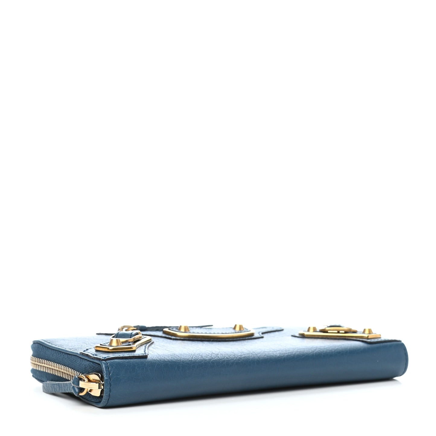 Chevre Gold Metallic Edge Hardware Zip Around Wallet Blue