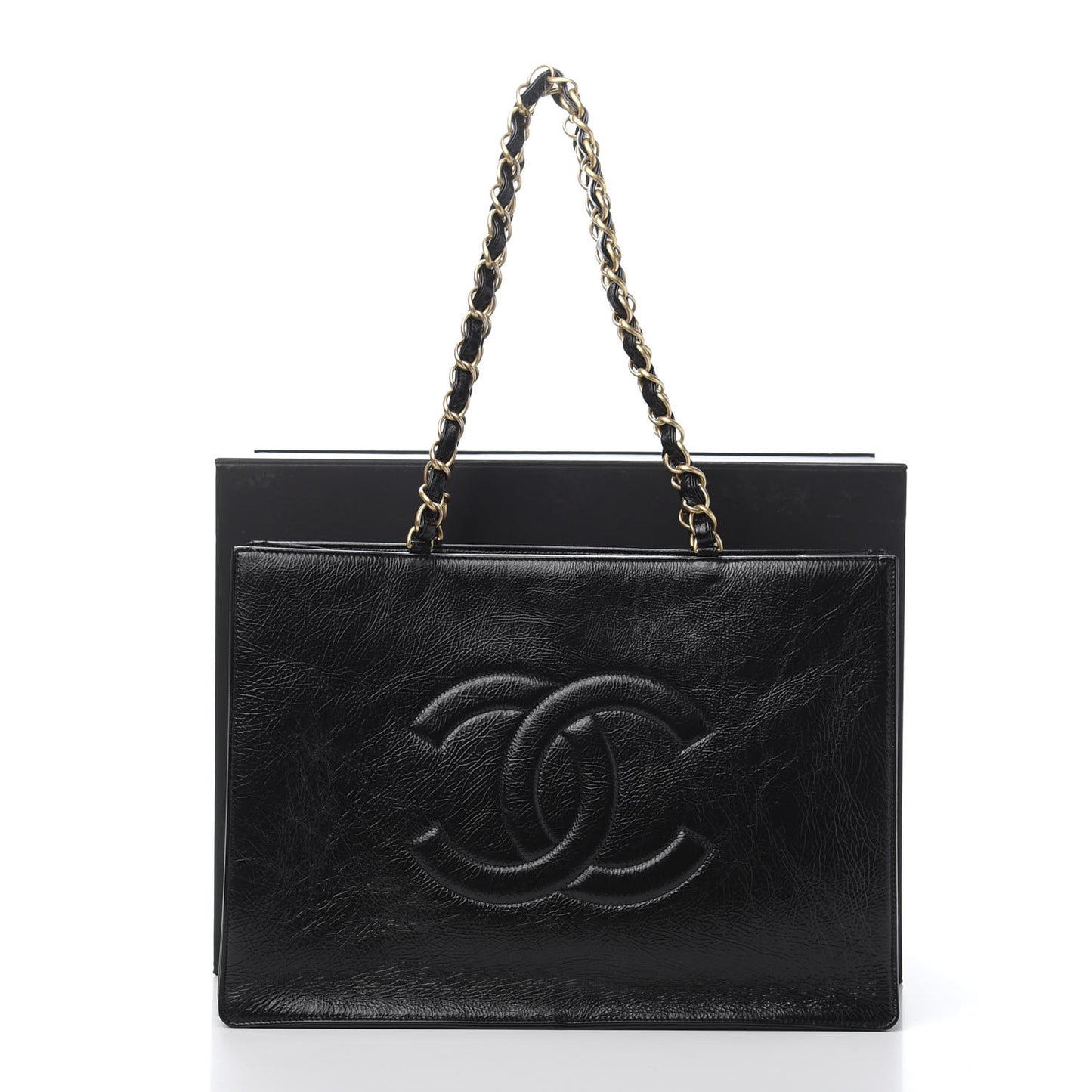 Shiny Aged Calfskin Shopping Bag Black
