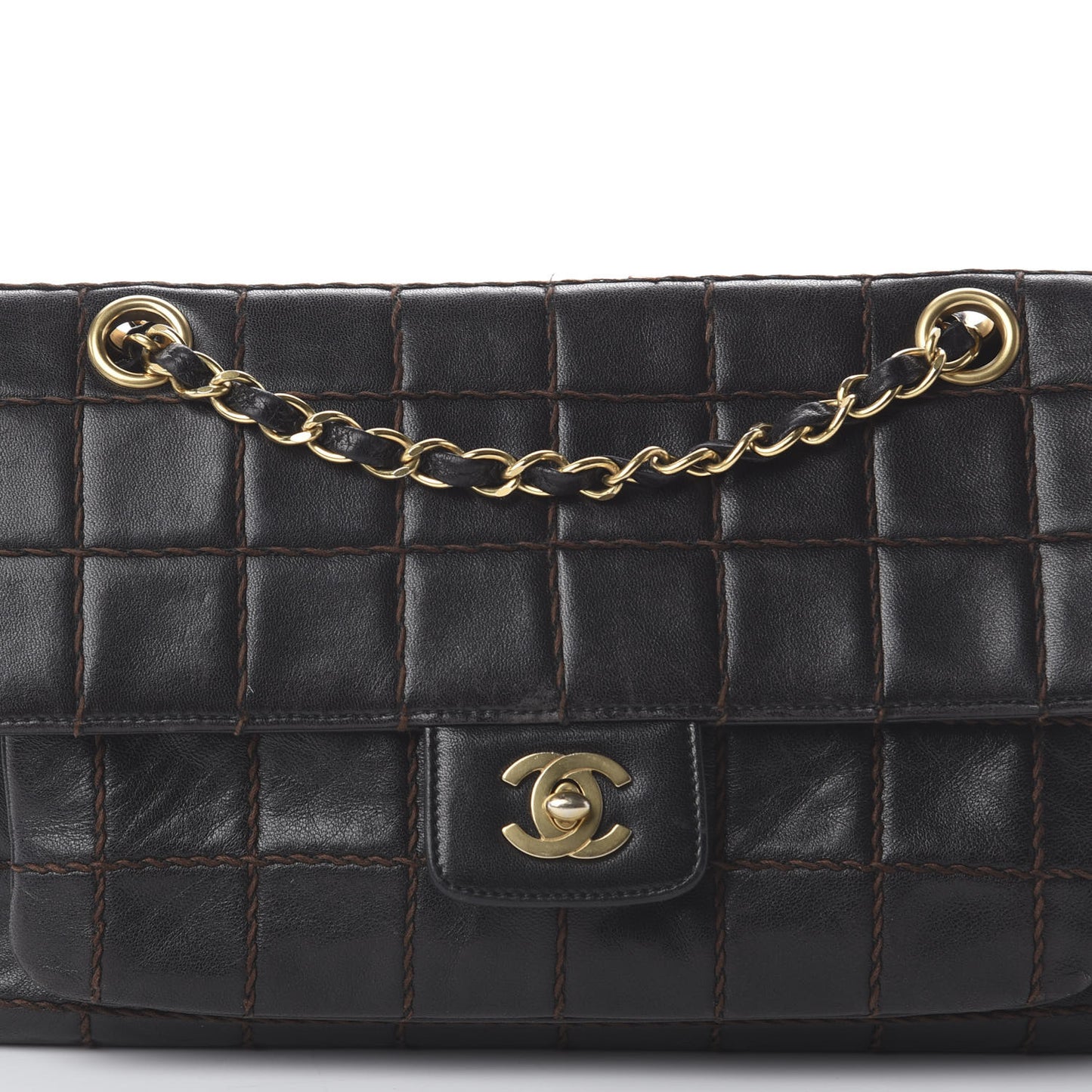 Lambskin Stitched Chocolate Bar Single Flap Brown