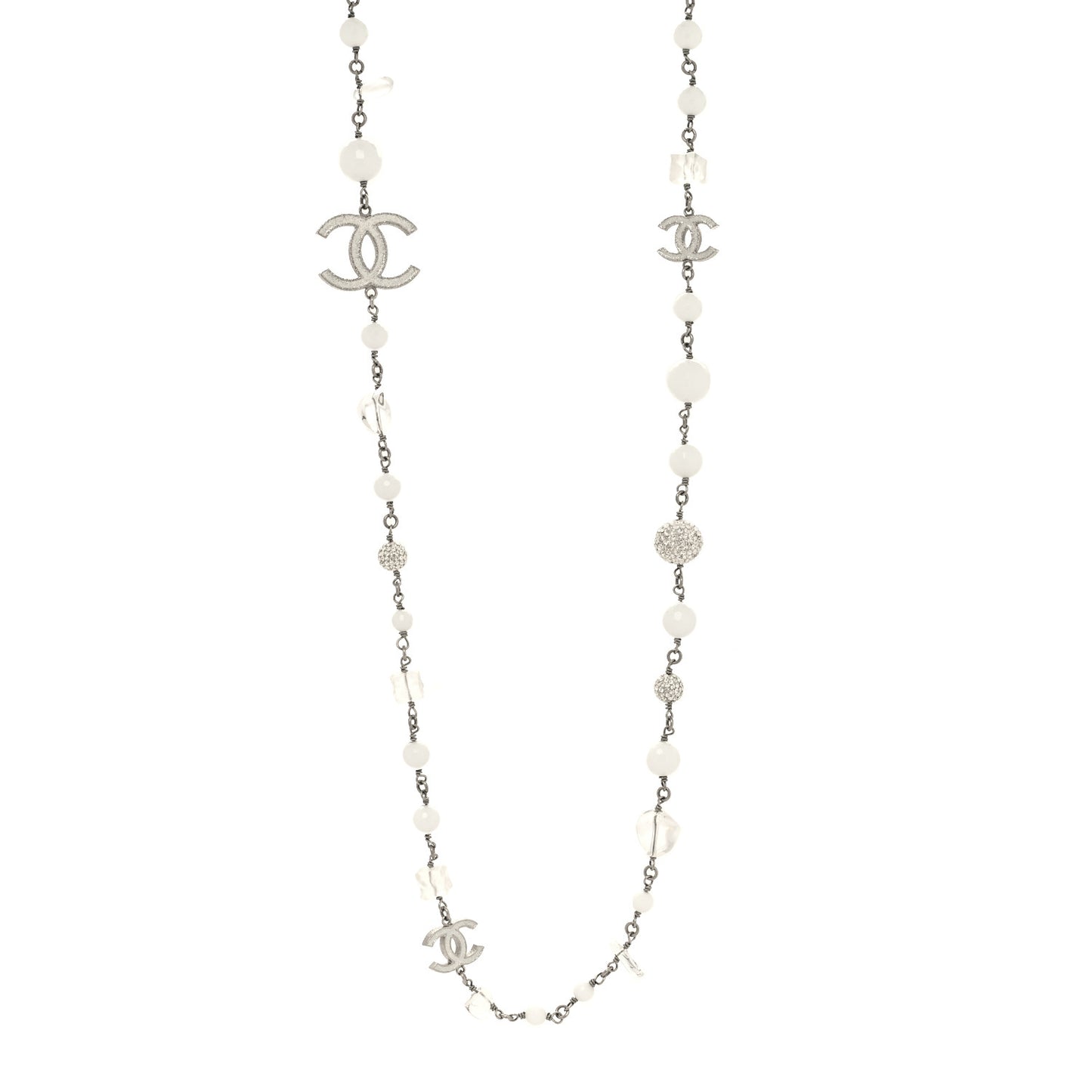 Crystal Bead CC Long Necklace White