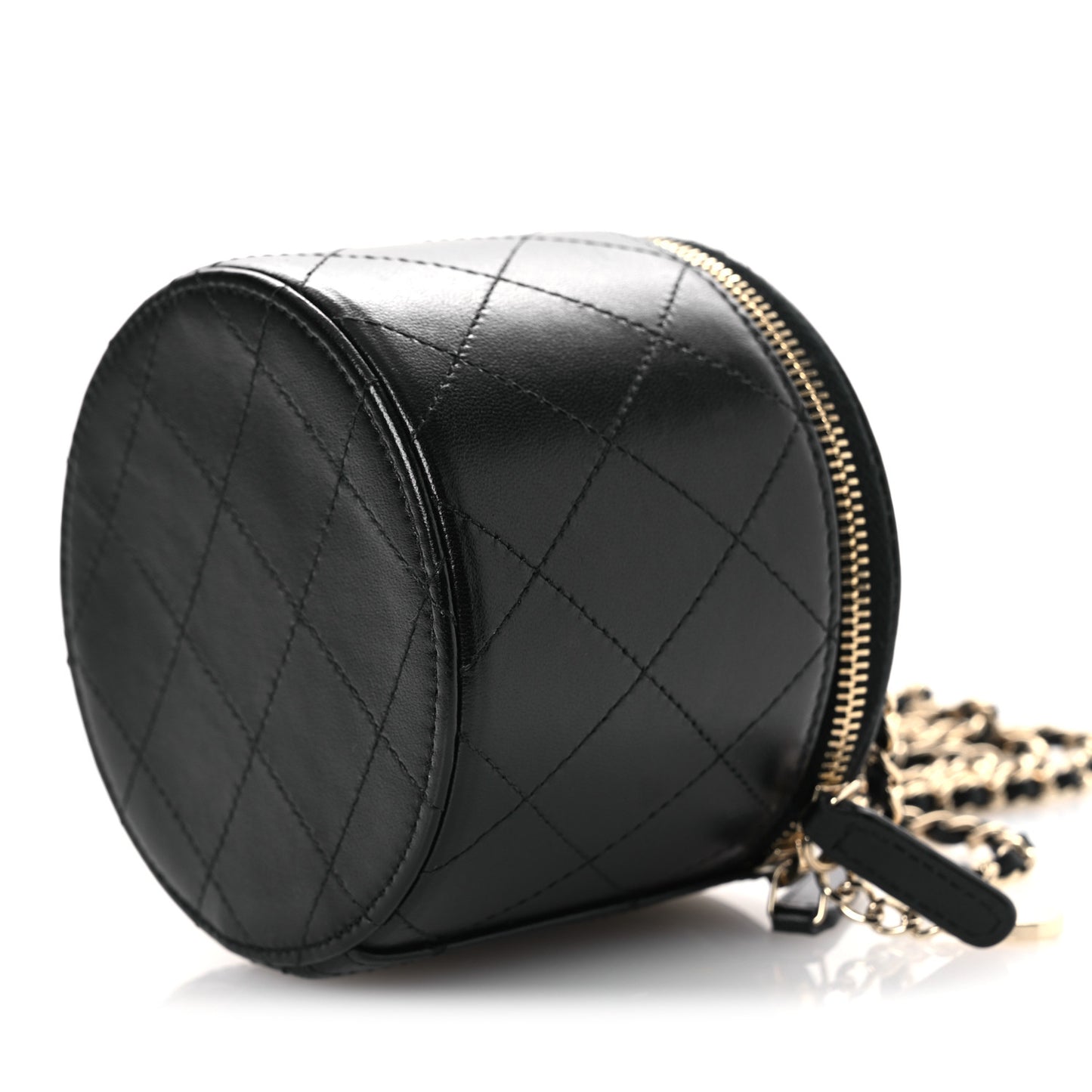 Lambskin Quilted Round Small Vanity Case With Chain Black