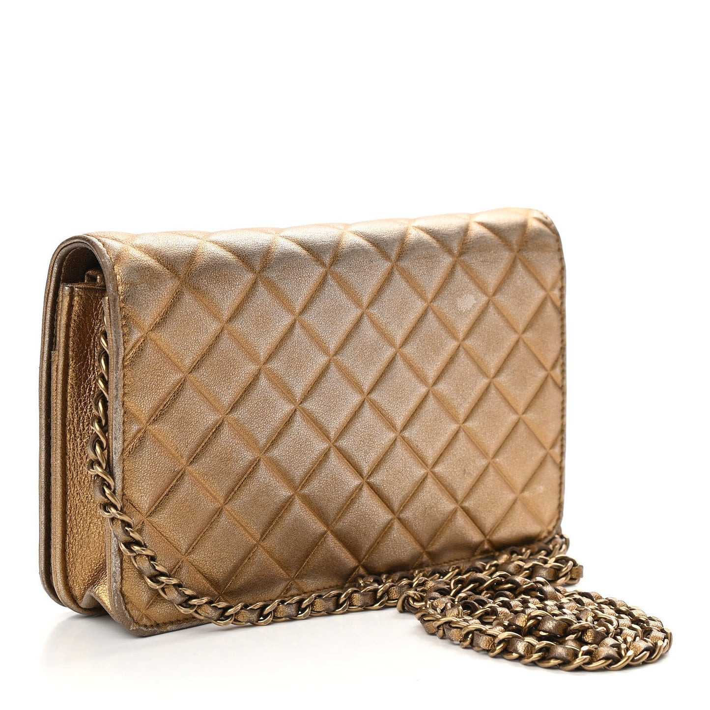 Metallic Lambskin Quilted Diamond CC Wallet On Chain WOC Bronze