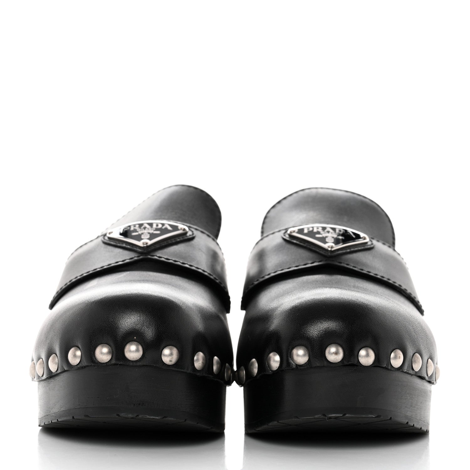 Prada Natural Calfskin Metal Triangle Logo 45mm Clogs 36 Black 2 of 9
