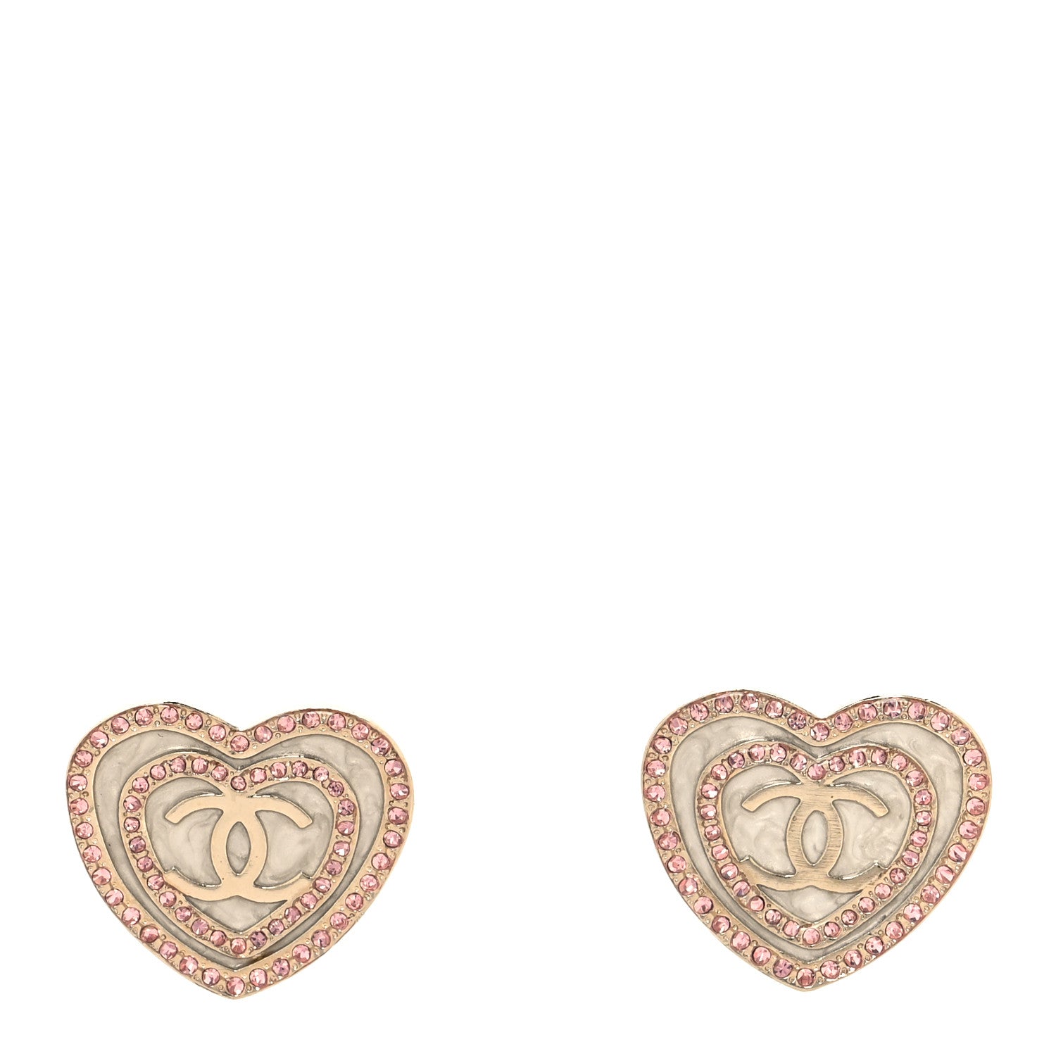 Chanel Crystal CC Resin Heart Earrings Gold Pink White 1 of 5