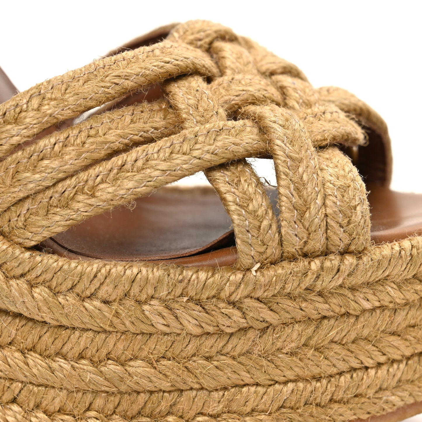 Raffia Calfskin Platform Espadrille Wedge Sandals 35.5 Caramel