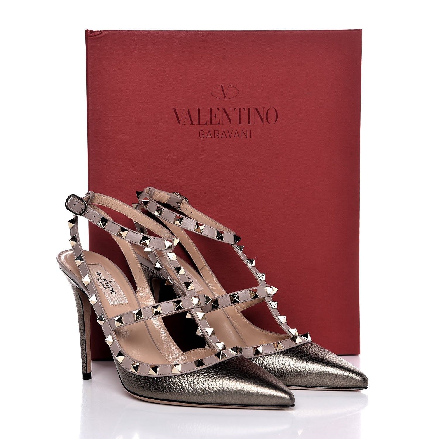 Valentino Garavani Metallic Pebbled Calfskin Rockstud Ankle Strap 100mm Pumps 39.5 Sasso Poudre 9 of 9