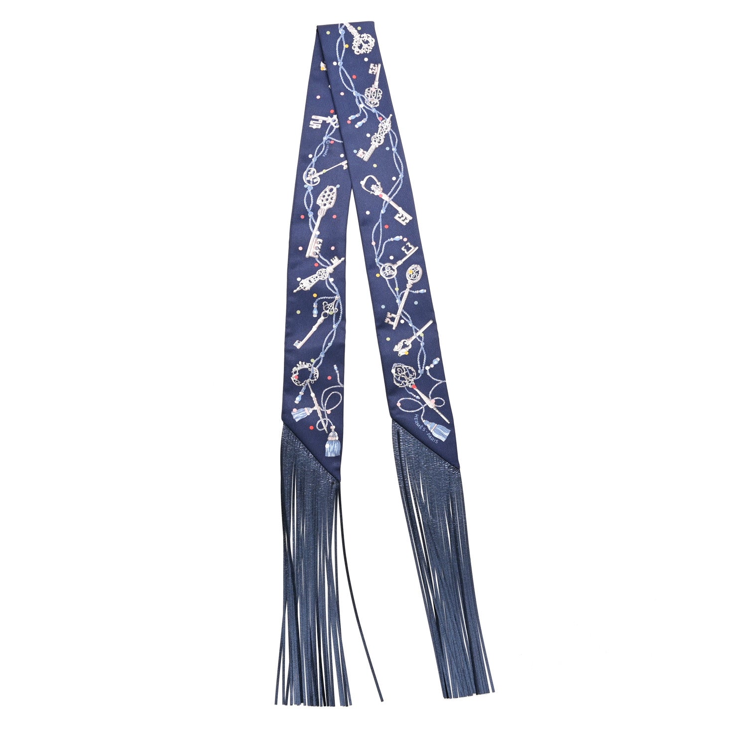 Hermes Silk Metallic Agneau Les Cles A Pois Fringed Twilly Bleu Marine Gris Argent Multicolor 2 of 4