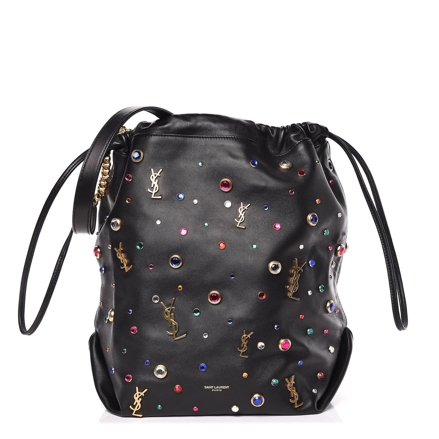 Lambskin Charm Studded Teddy Drawstring Bag Black
