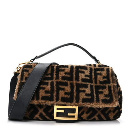 Fendi Shearling Vitello Dolce Macro FF 1974 Large Baguette Tobacco Black 1 of 8