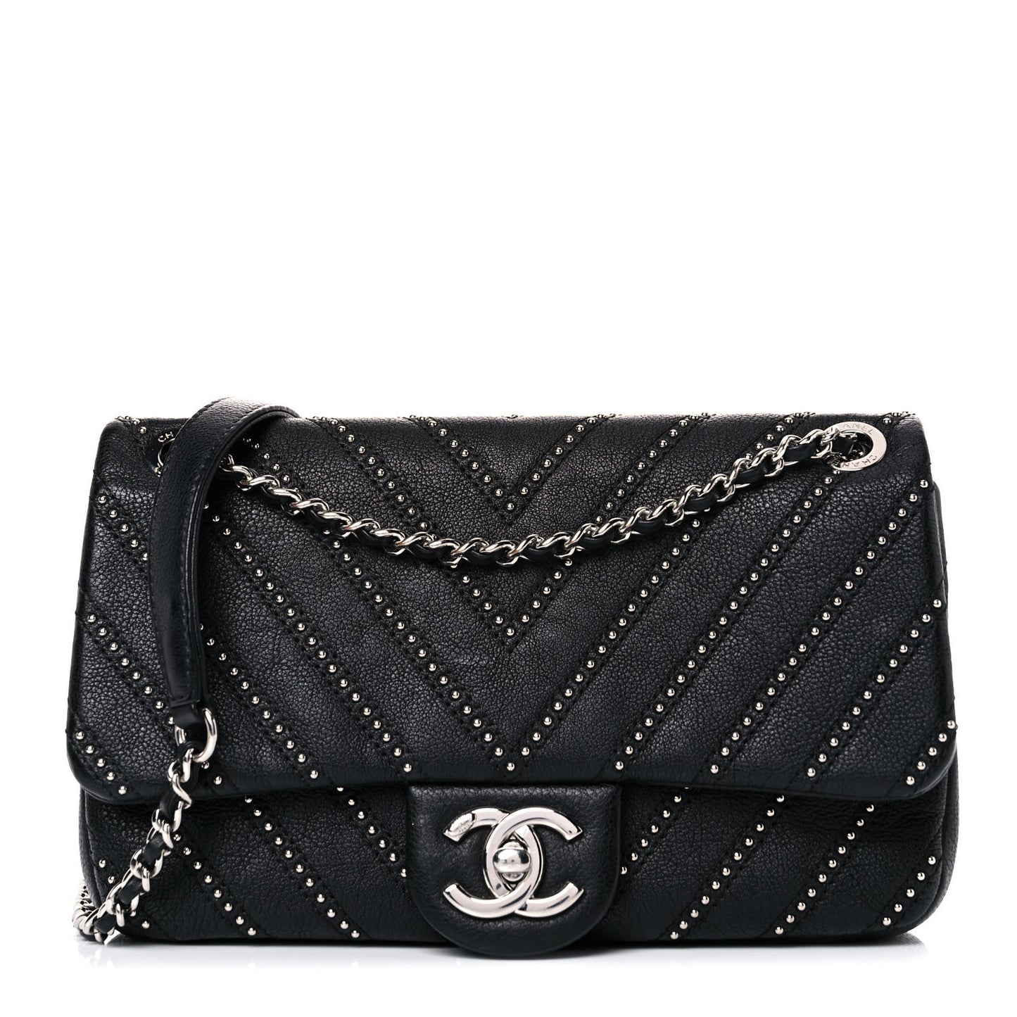 Calfskin Studded Chevron Quilted Small Wars Flap Black
