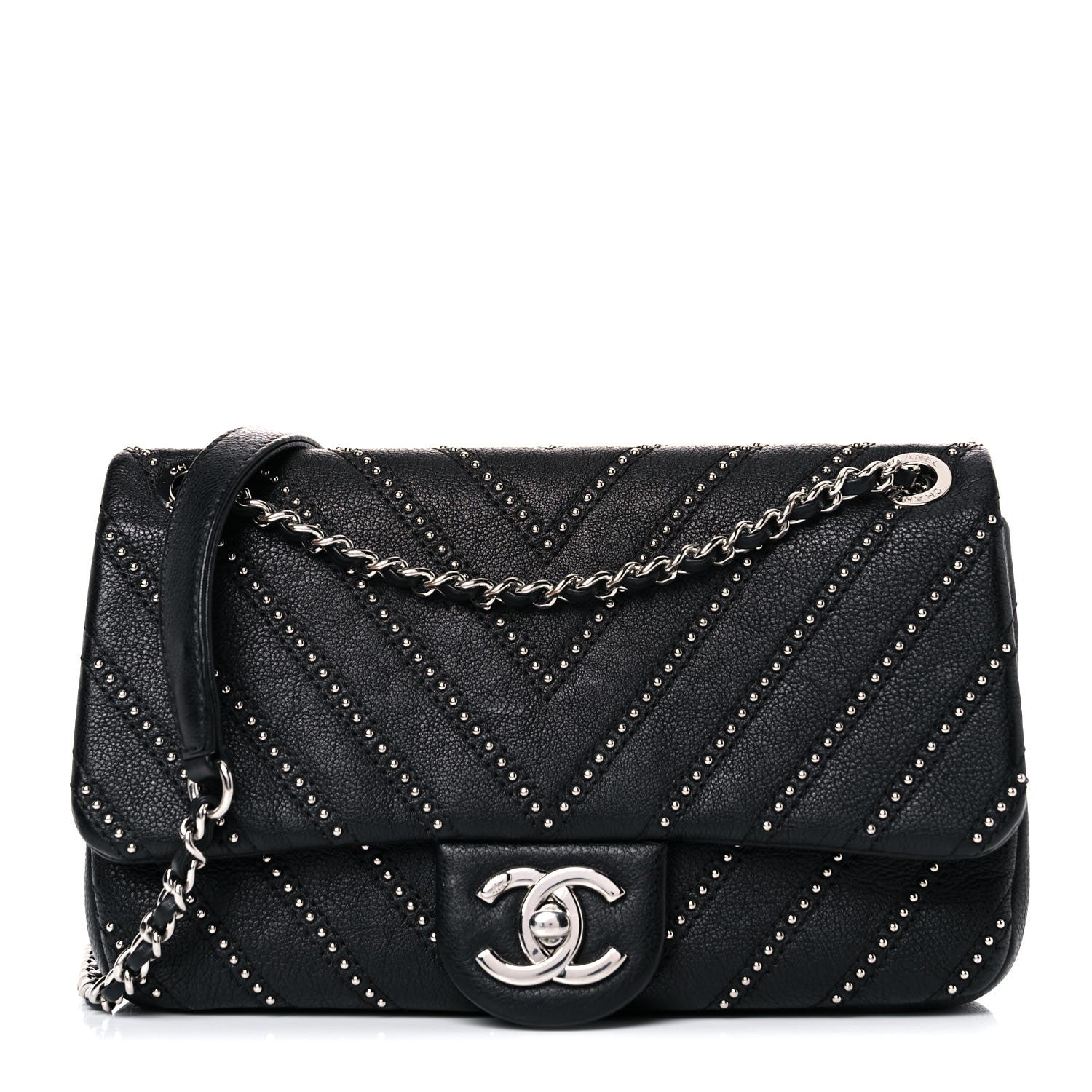 Chanel Calfskin Studded Chevron Quilted Small Wars Flap Black 1 of 11