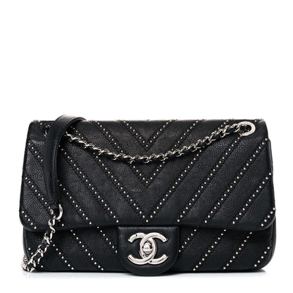 Chanel Calfskin Studded Chevron Quilted Small Wars Flap Black 1 of 11