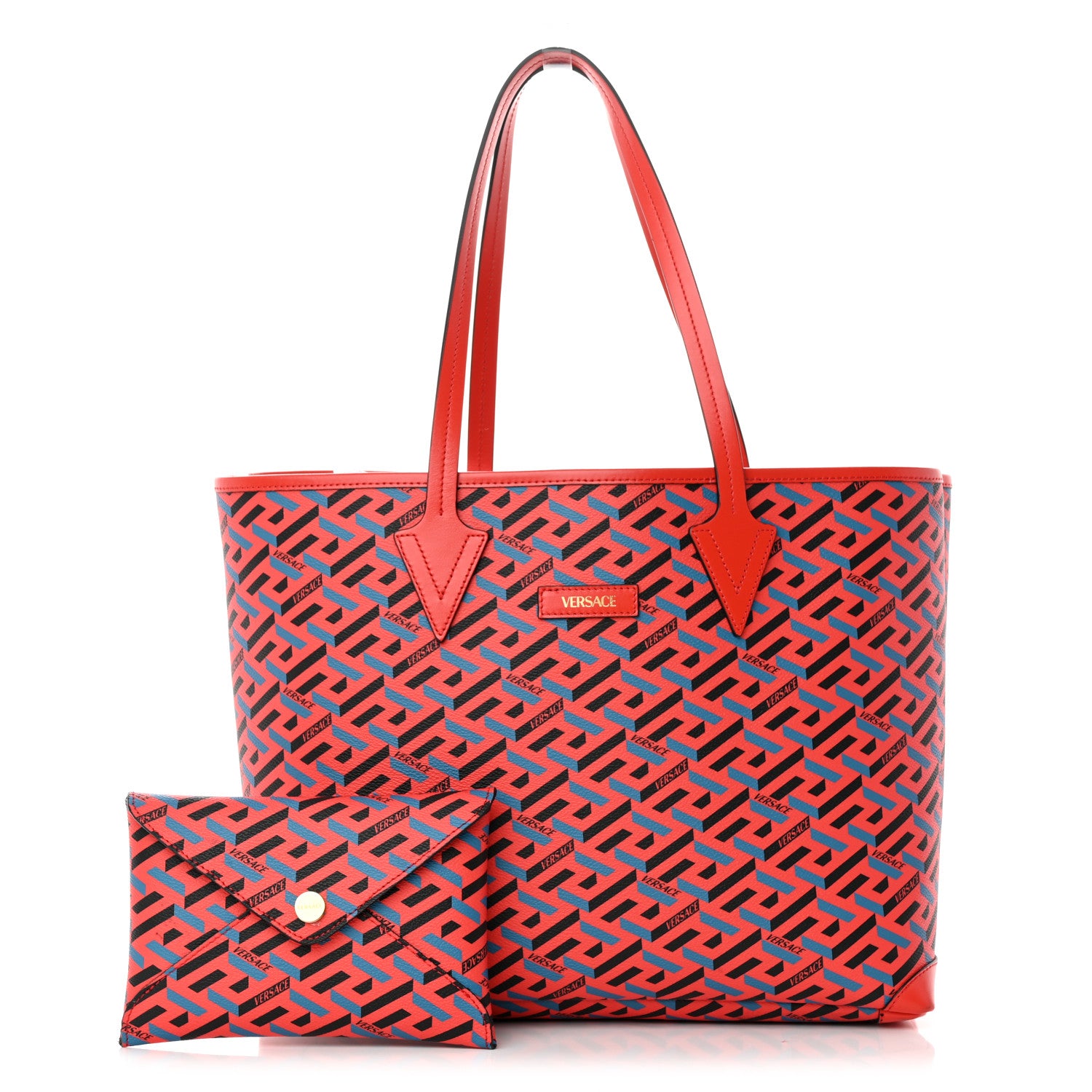 Versace Coated Canvas Calfskin La Greca Signature Shopper Tote Bag Blue Red 1 of 13