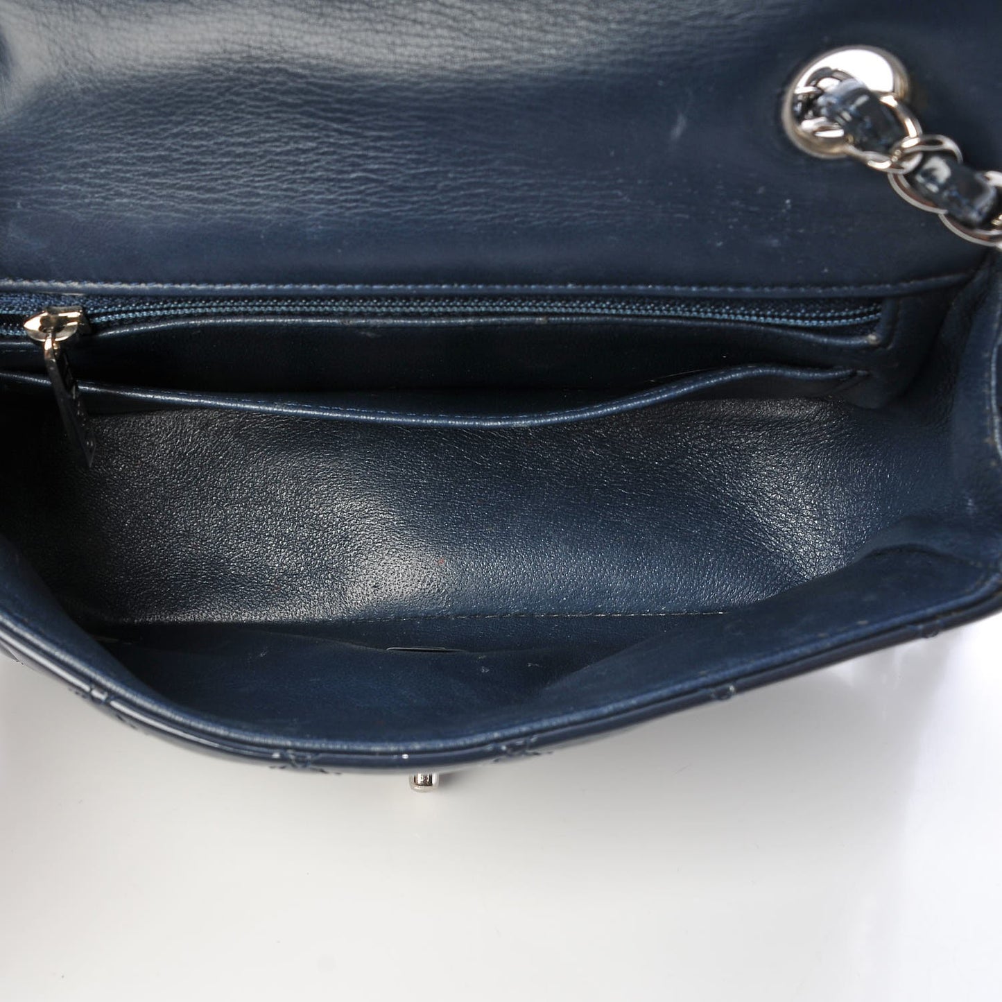 Patent Calfskin Quilted Mini Rectangular Flap Dark Blue