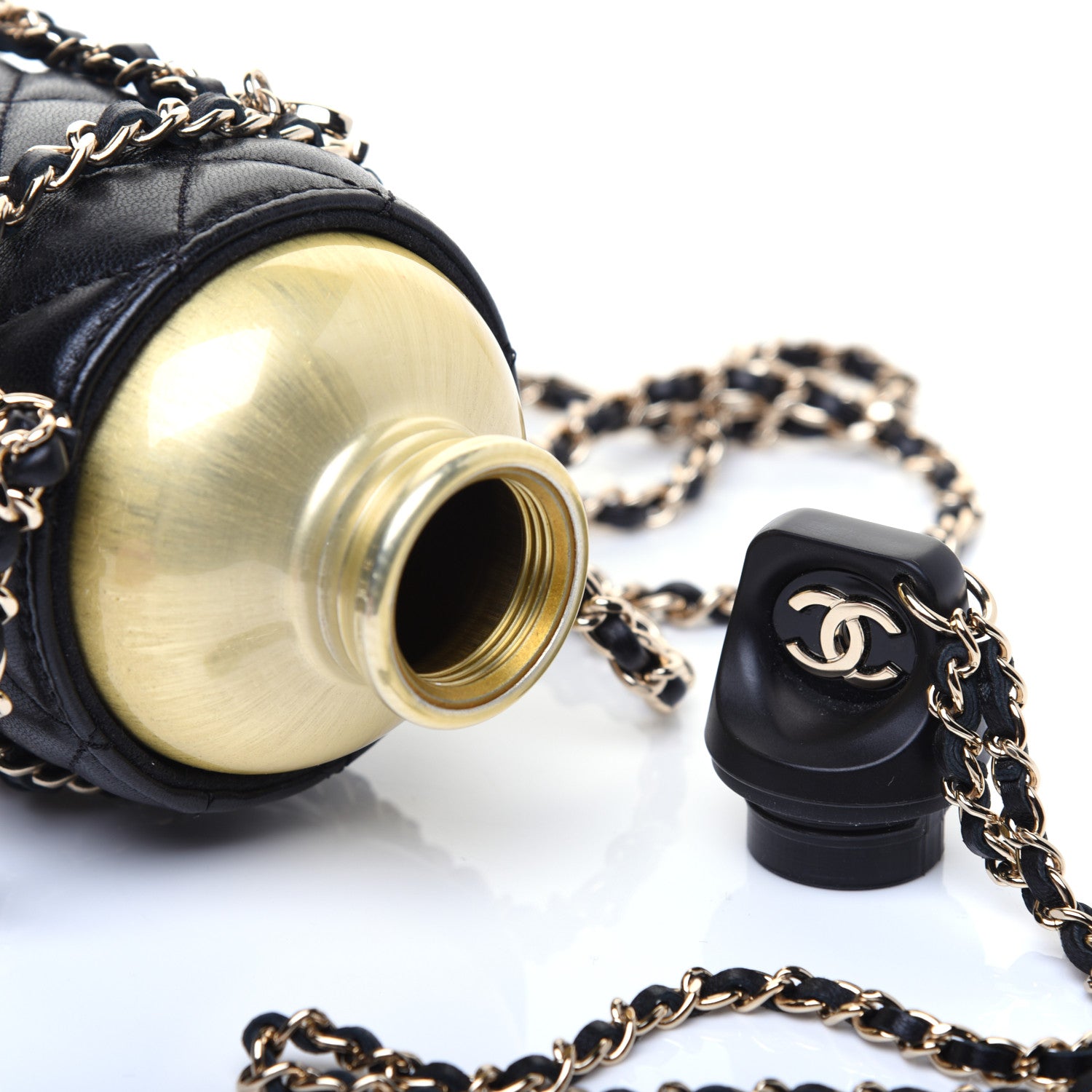 Chanel Lambskin Quilted CC To Drink Water Bottle Black Gold 11 of 15
