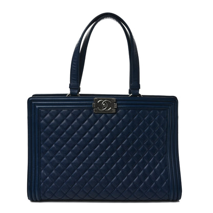 Chanel Calfskin Quilted Boy Shopping Tote Navy Blue 1 of 11