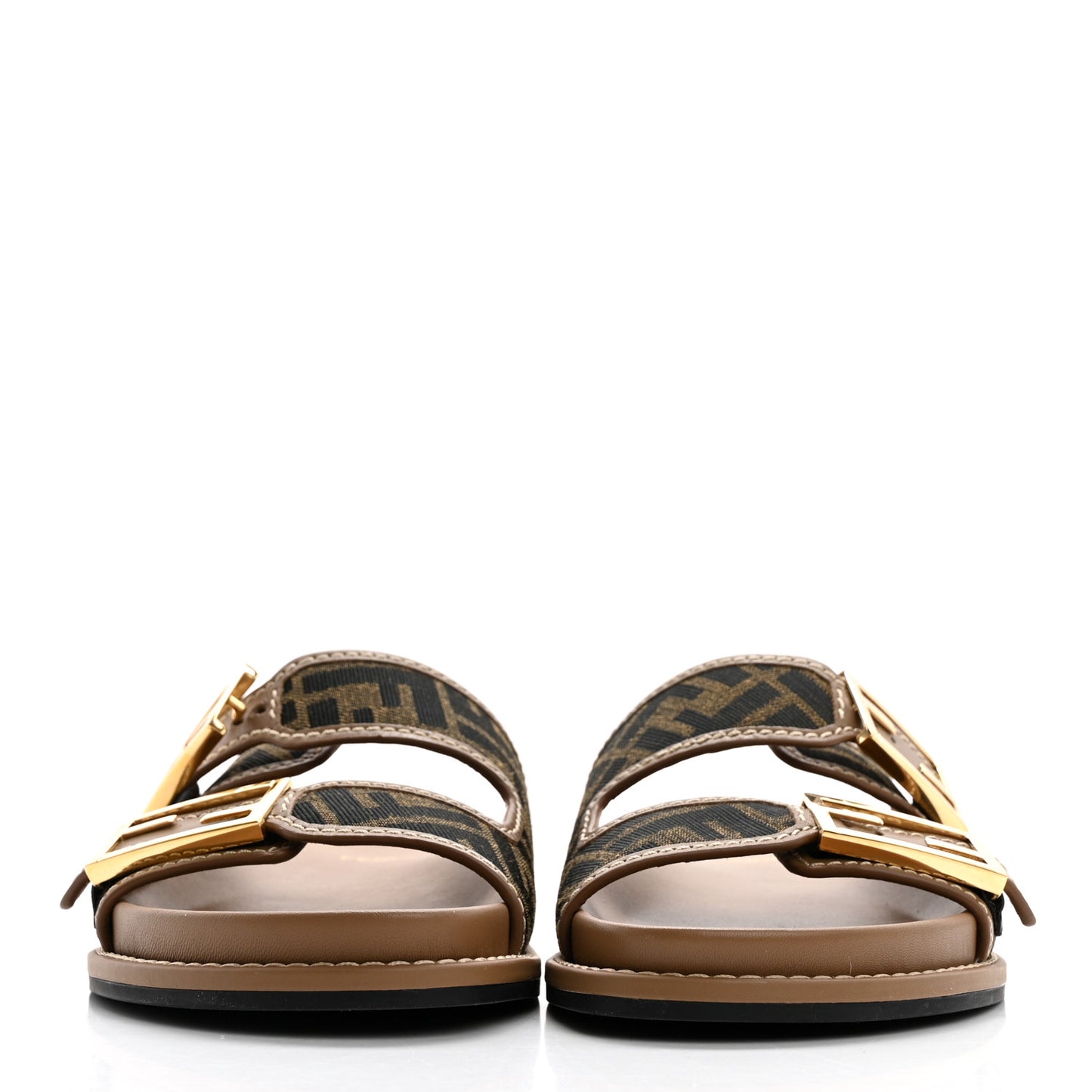 Fabric Jacquard Nappa FF Womens Fendi Feel Buckled Slide Sandals 37.5 Tobacco Black Miele Scuro