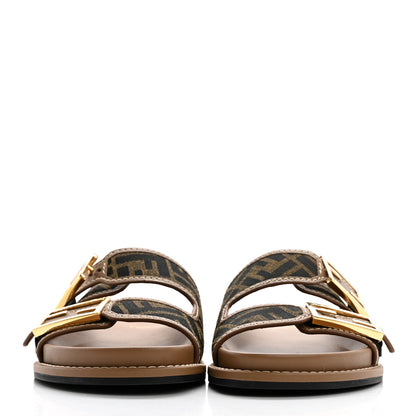 Fendi Fabric Jacquard Nappa FF Womens Fendi Feel Buckled Slide Sandals 37.5 Tobacco Black Miele Scuro 2 of 7