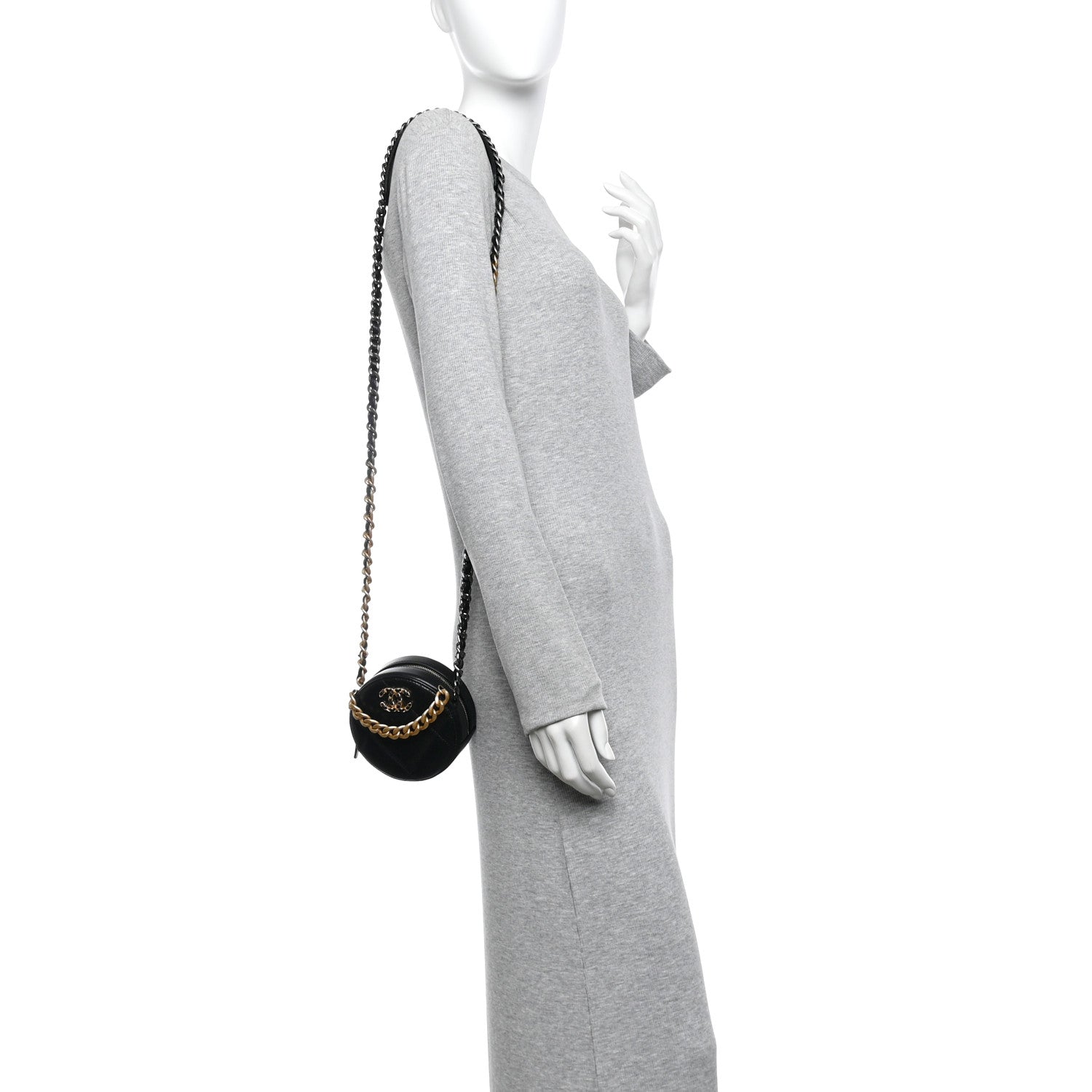 Chanel Shiny Goatskin Quilted Chanel 19 Round Clutch With Chain Black 2 of 11
