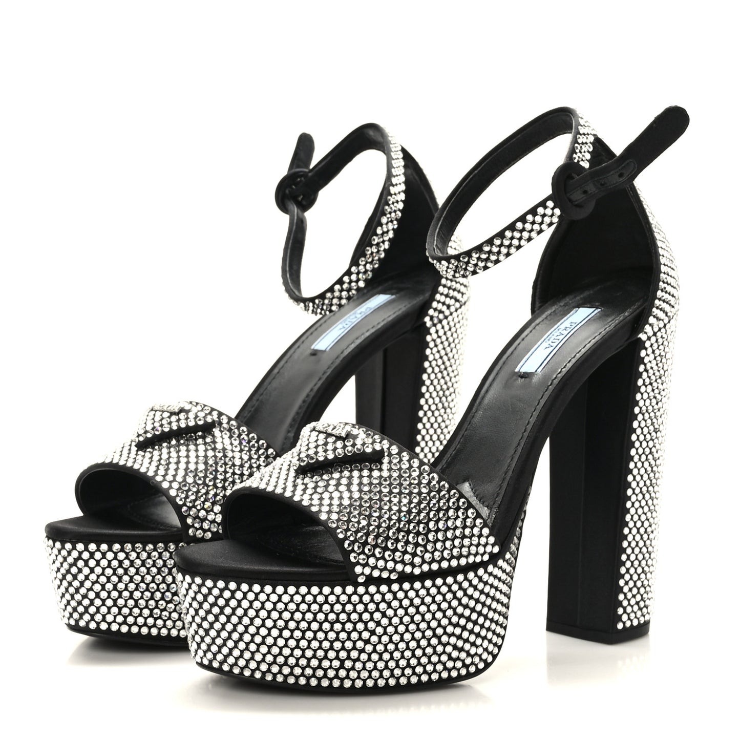 Satin Crystal Triangle Logo 40/135mm Platform Sandals 38.5 Black