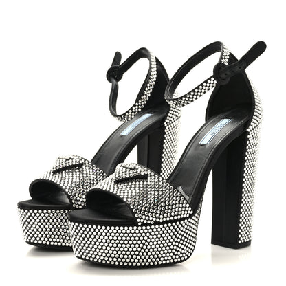 Prada Satin Crystal Triangle Logo 40/135mm Platform Sandals 38.5 Black 3 of 7