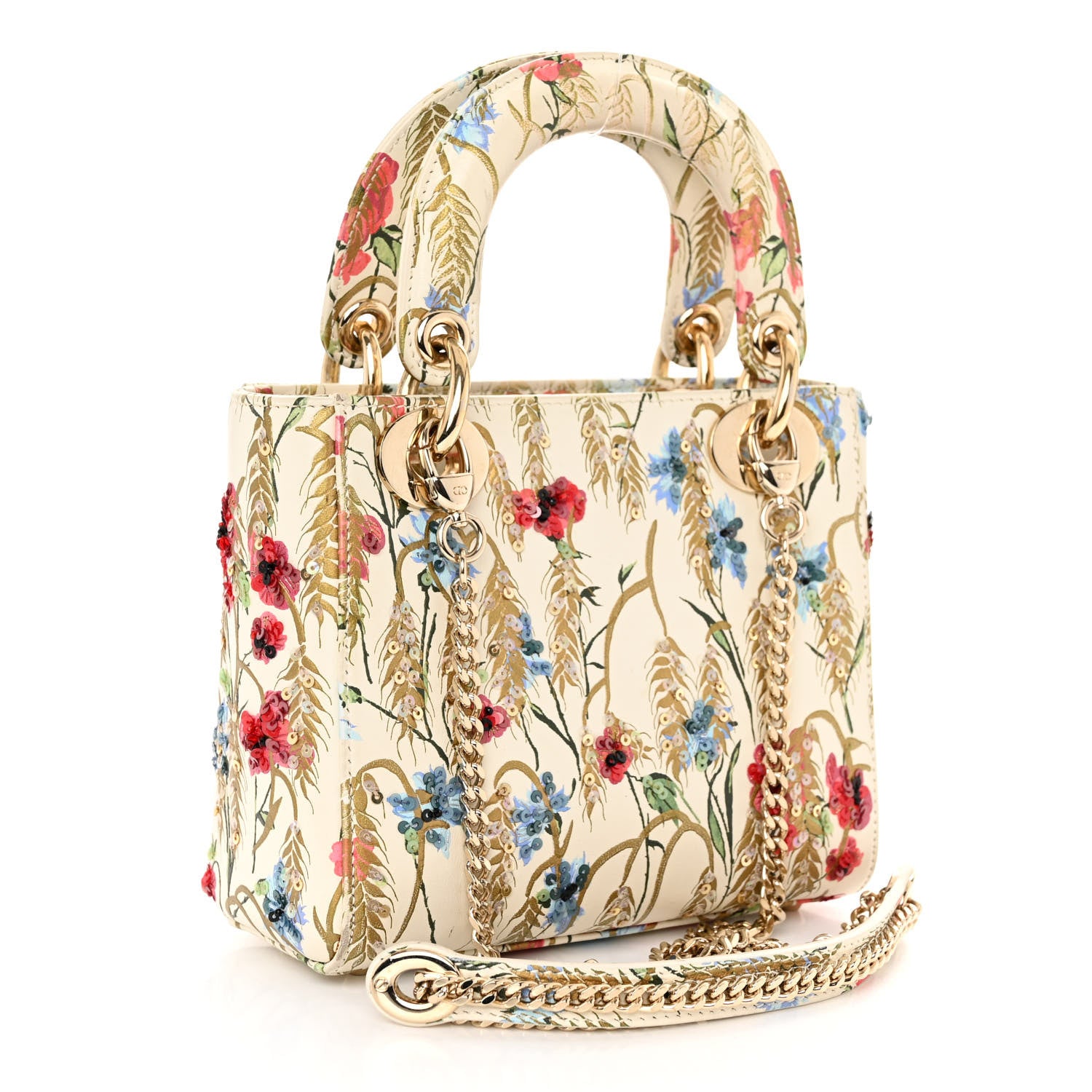 Christian Dior Calfskin Hibiscus Printed Embroidered Mini Lady Dior Beige Multicolor 3 of 9