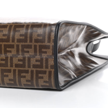Fendi Glazed Fabric Vitello Century Plexiglass FF 1974 Stamp Patch Medium Runaway Shopper Tote Mogano Panna Black 10 of 10