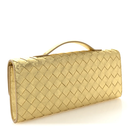 Bottega Veneta Metallic Satin Lambskin Intrecciato Long Andiamo Top Handle Clutch Gold 3 of 7