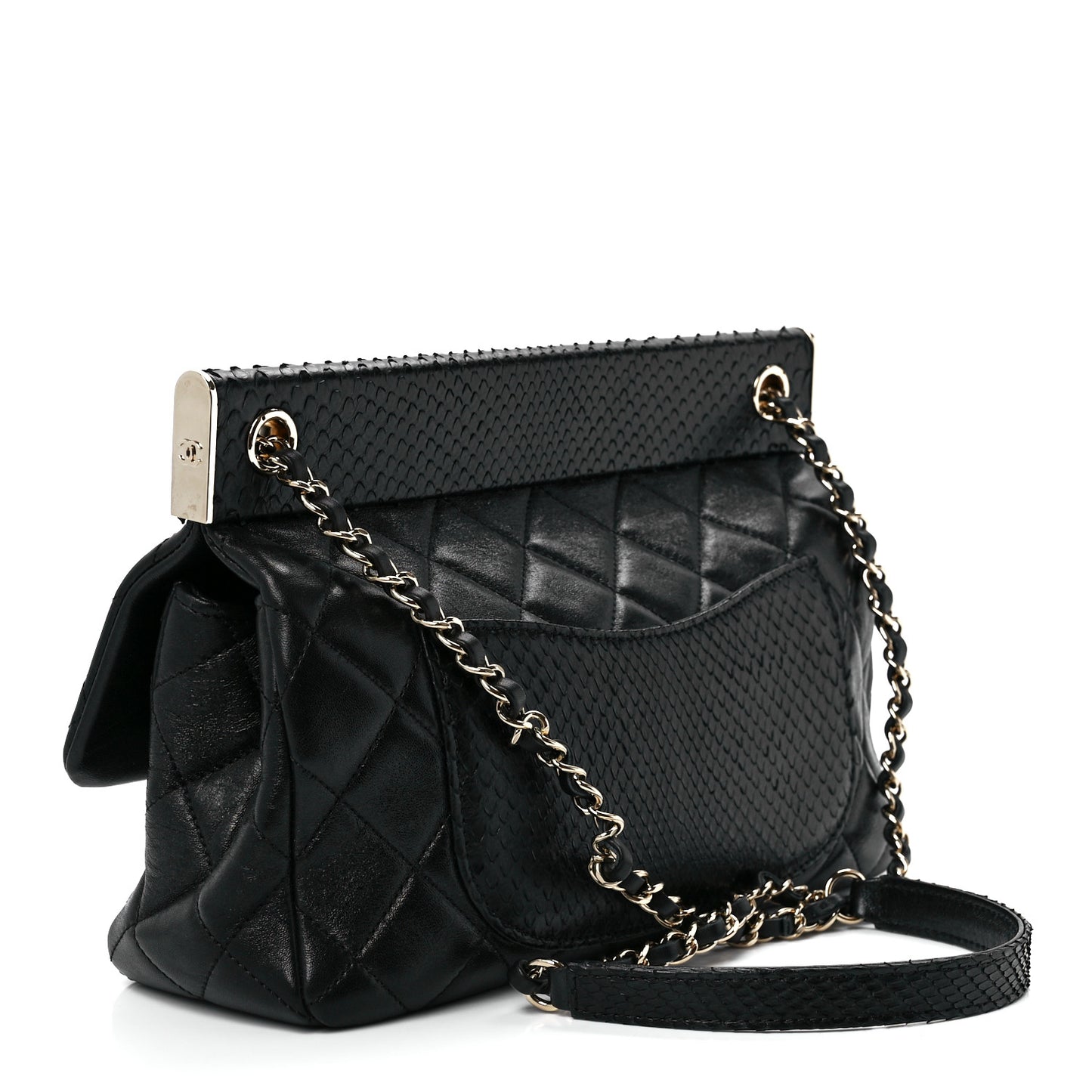 Lambskin Snakeskin Quilted Frame Flap Black