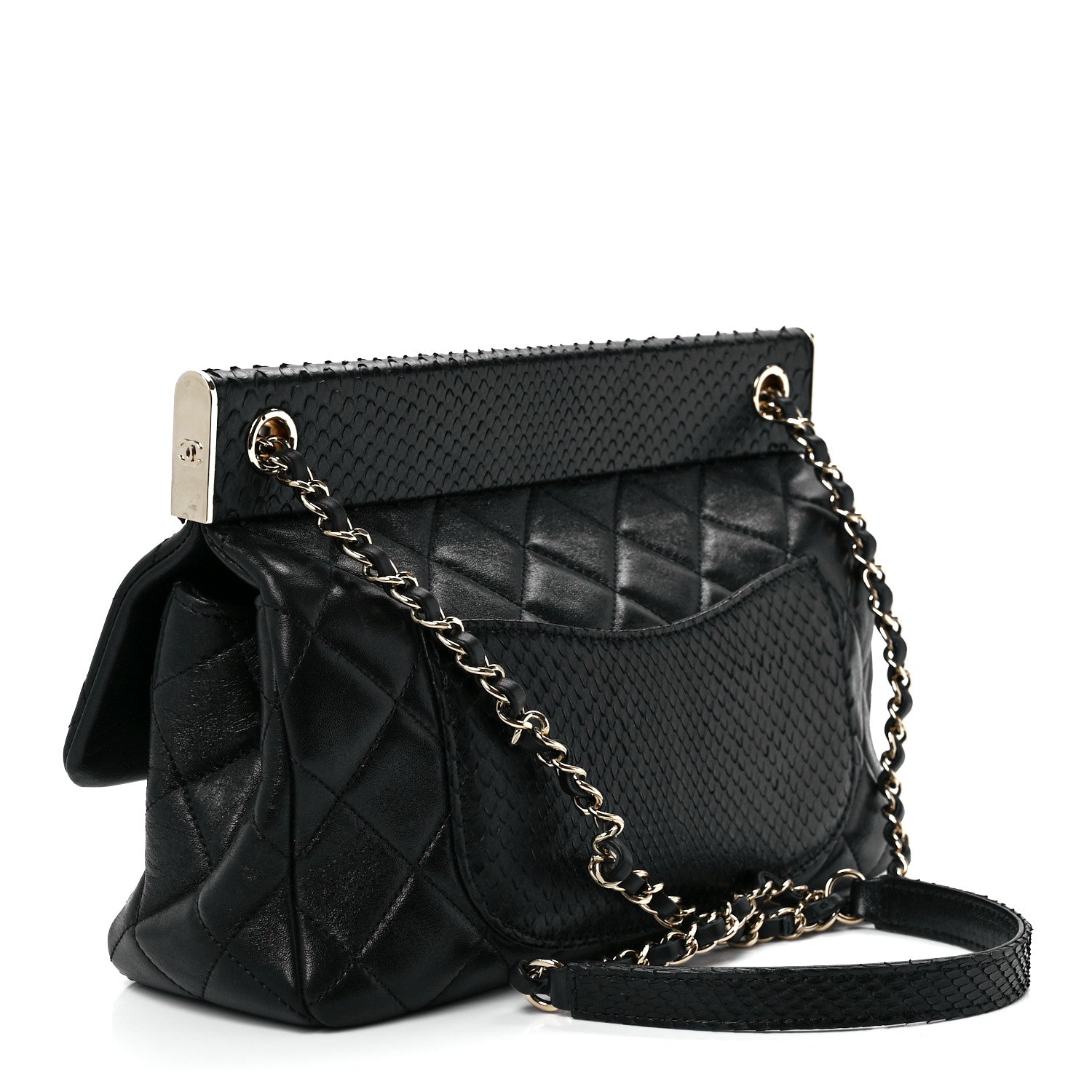 Chanel Lambskin Snakeskin Quilted Frame Flap Black 3 of 13