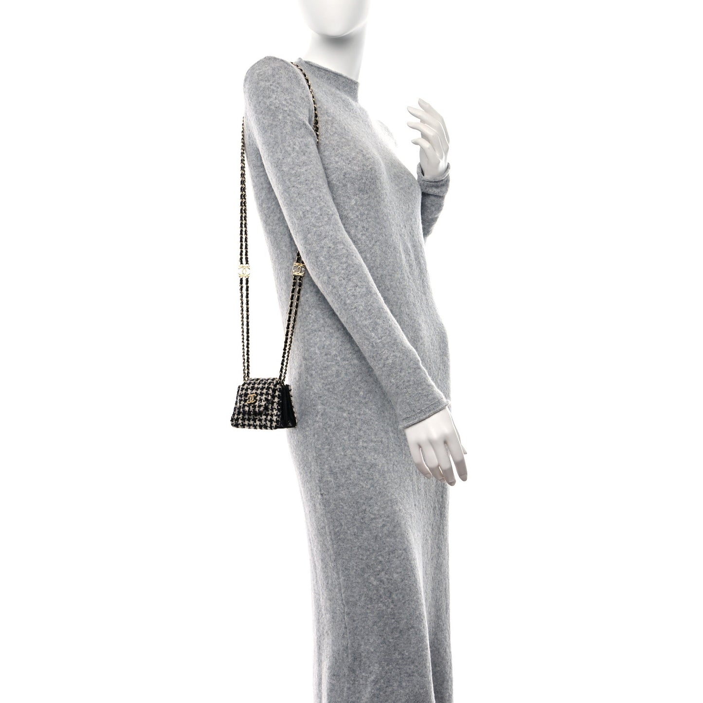 Tweed Houndstooth Quilted Mini Accordion Clutch With Chain White Black
