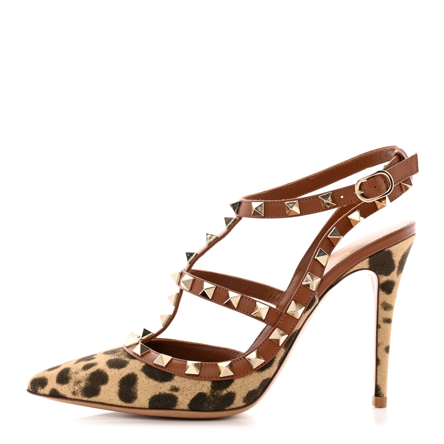 Canvas Leopard Print Rockstud Ankle Strap 100mm Pumps 36.5 Brown