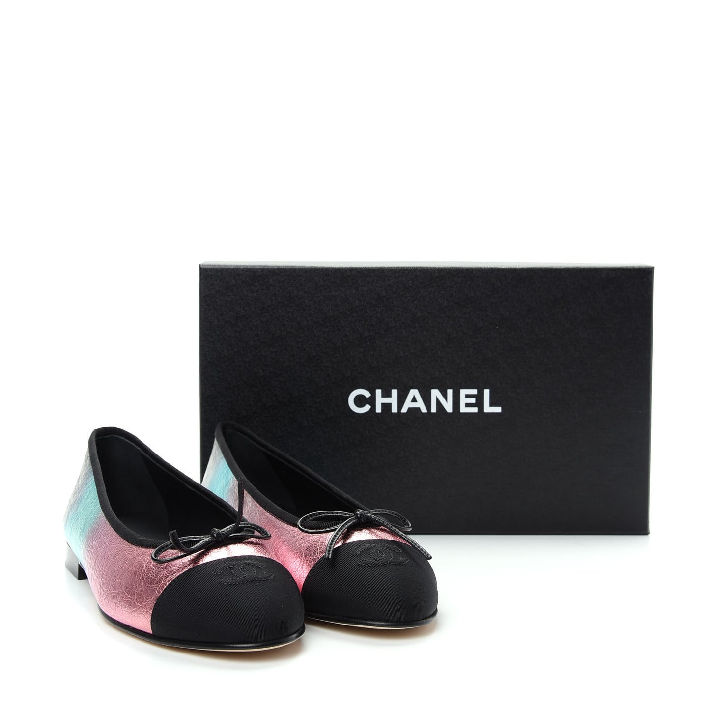 Laminated Calfskin Grosgrain Cap Toe CC Ballerina Flats 40 Multicolor Black