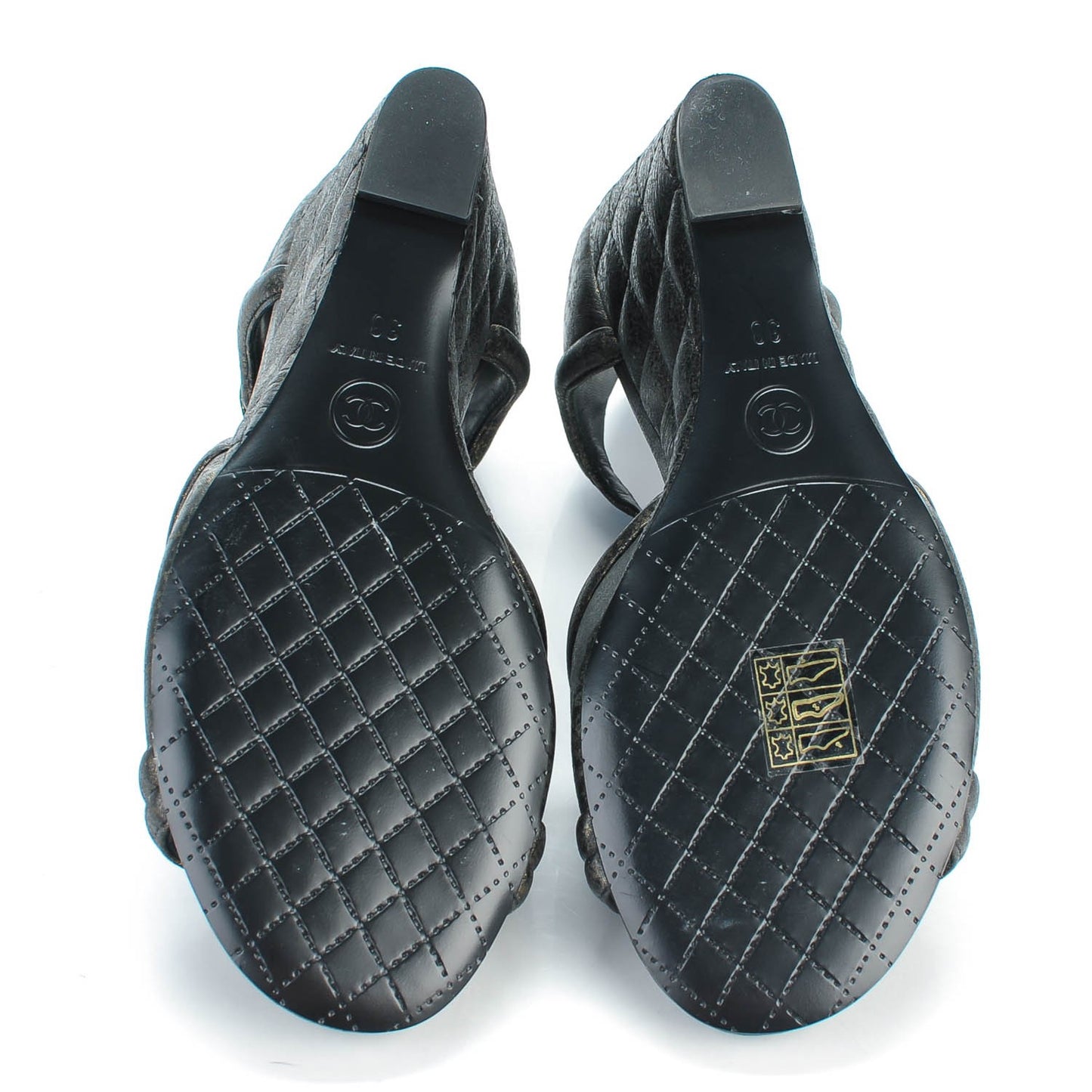Fantasy Lambskin Quilted Wedge Sandals 38 Black Gold