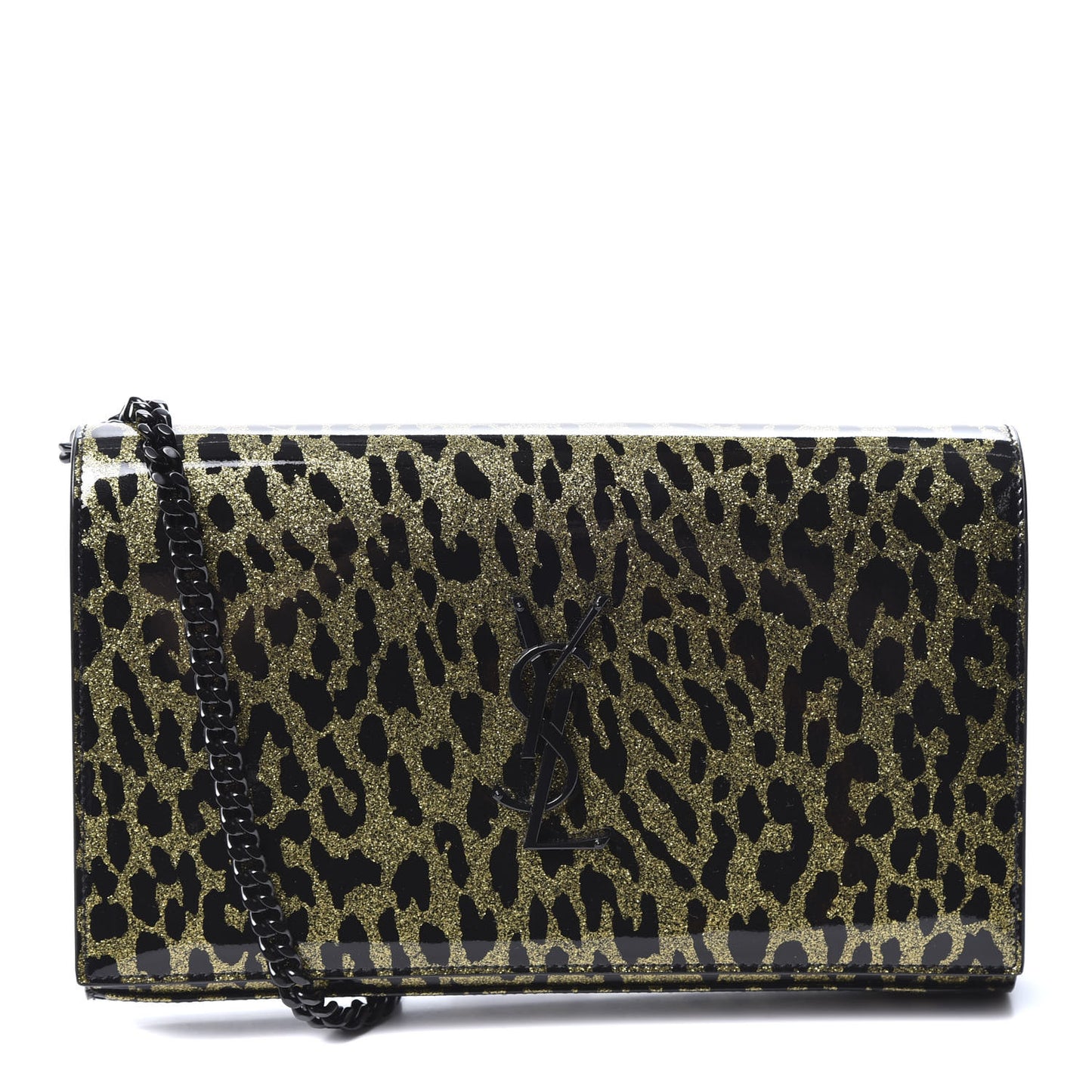 Patent Leopard Print Monogram Chain Wallet Black Gold