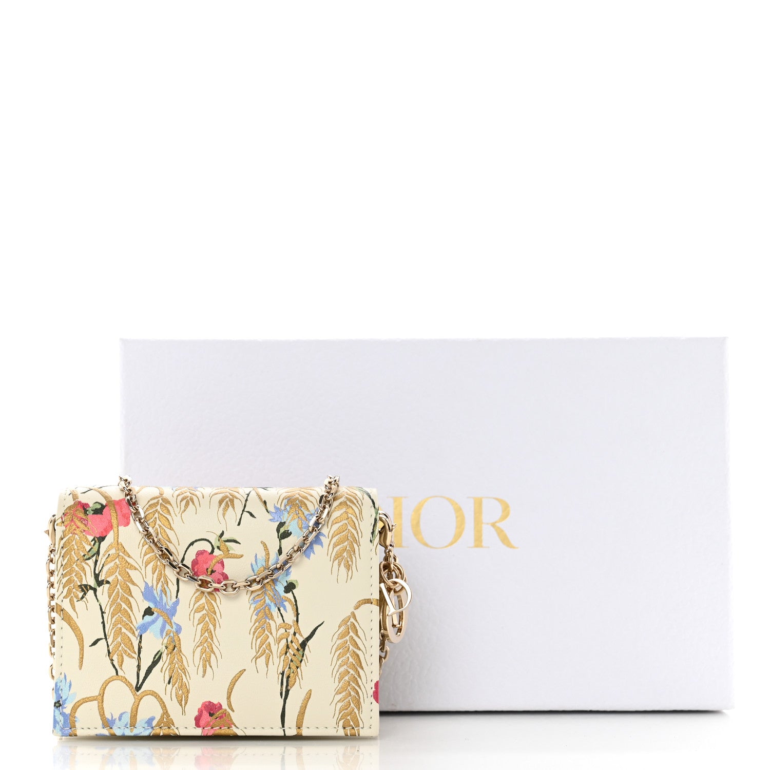 Christian Dior Calfskin Hibiscus Printed Gusseted Card Holder Chain Beige Multicolor 8 of 8
