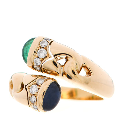 Bulgari 18K Yellow Gold Diamond Blue Sapphire Emerald Bypass Ring 51 5.75 3 of 6