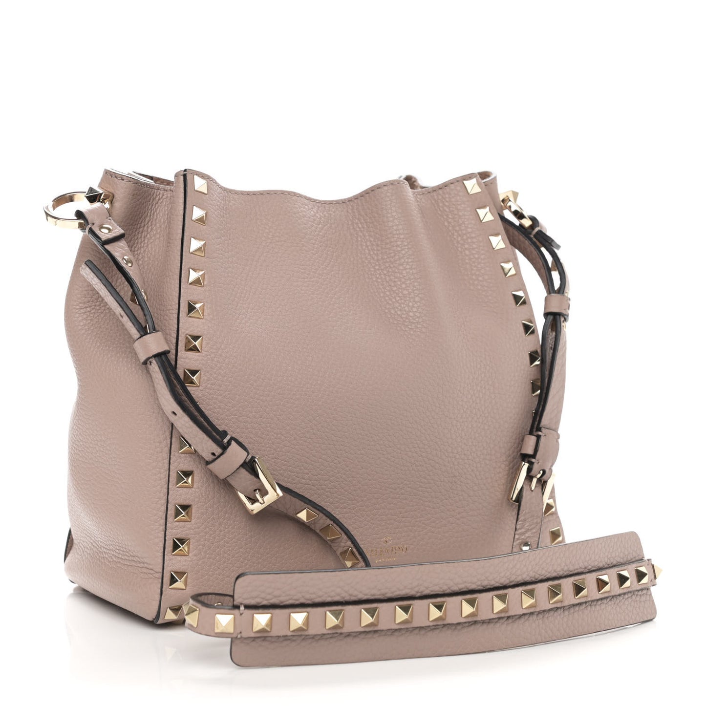 Grained Calfskin Rockstud Bucket Bag Poudre