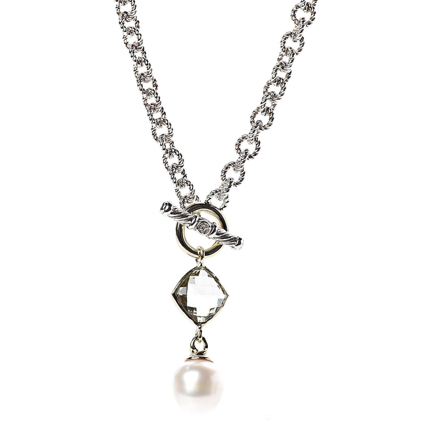 Sterling Silver 18K Yellow Gold Prasiolite Pearl Pendant Necklace