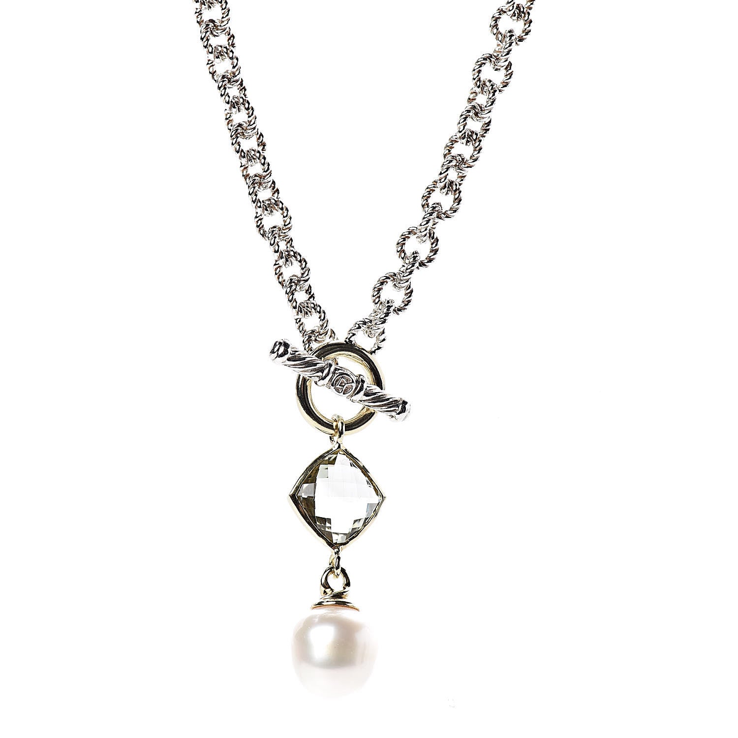 David Yurman Sterling Silver 18K Yellow Gold Prasiolite Pearl Pendant Necklace 4 of 5