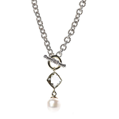 David Yurman Sterling Silver 18K Yellow Gold Prasiolite Pearl Pendant Necklace 4 of 5