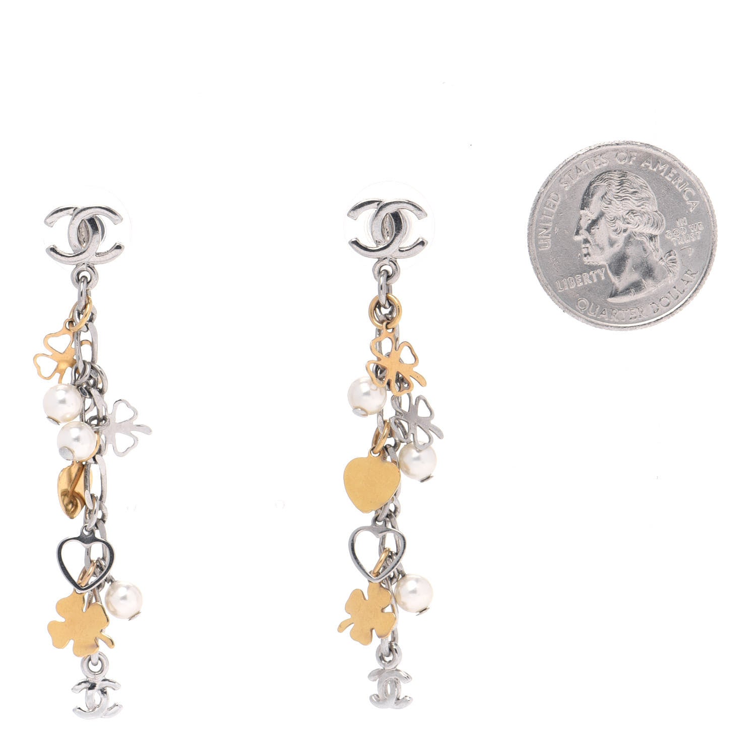Chanel Pearl CC Charm Chain Drop Earrings Silver Gold 2 of 3
