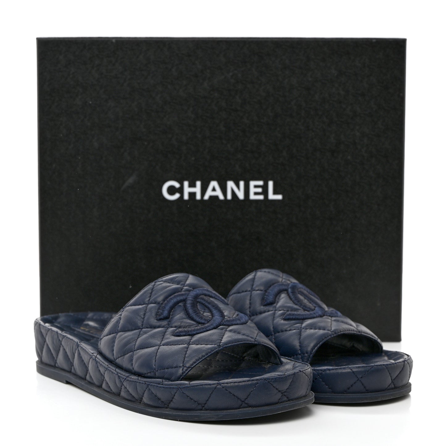 Lambskin Quilted CC Mules Sandals 39 Navy Blue