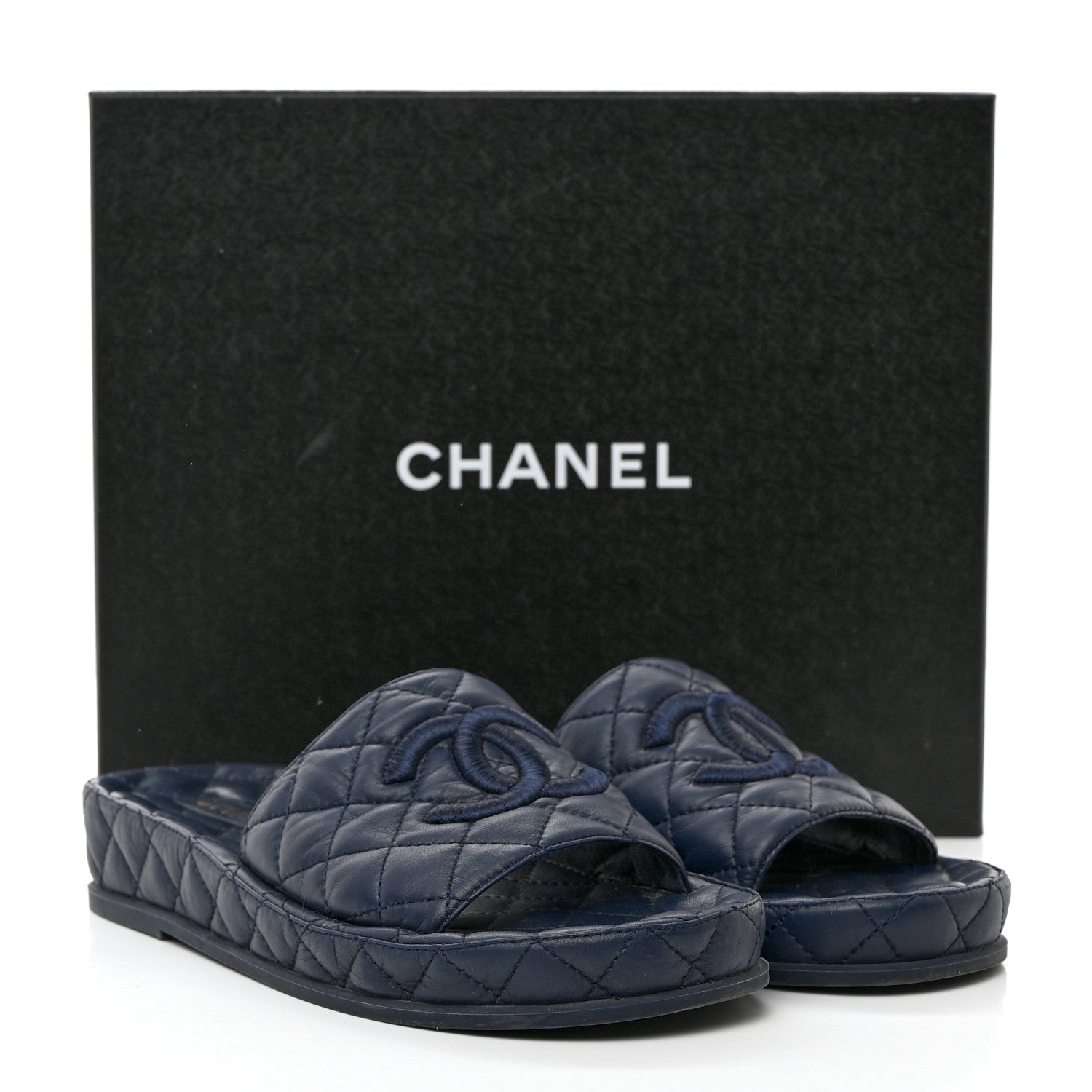 Chanel Lambskin Quilted CC Mules Sandals 39 Navy Blue 10 of 10
