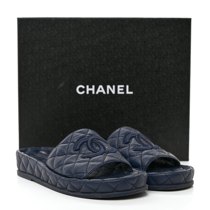 Chanel Lambskin Quilted CC Mules Sandals 39 Navy Blue 10 of 10