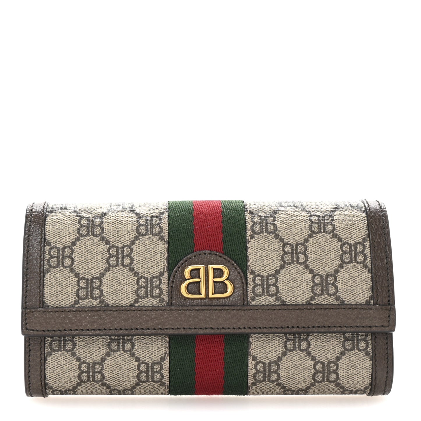 X BALENCIAGA BB Supreme Monogram Textured Dollar Calfskin Web Ophidia Continental Wallet Beige Ebony New Acero