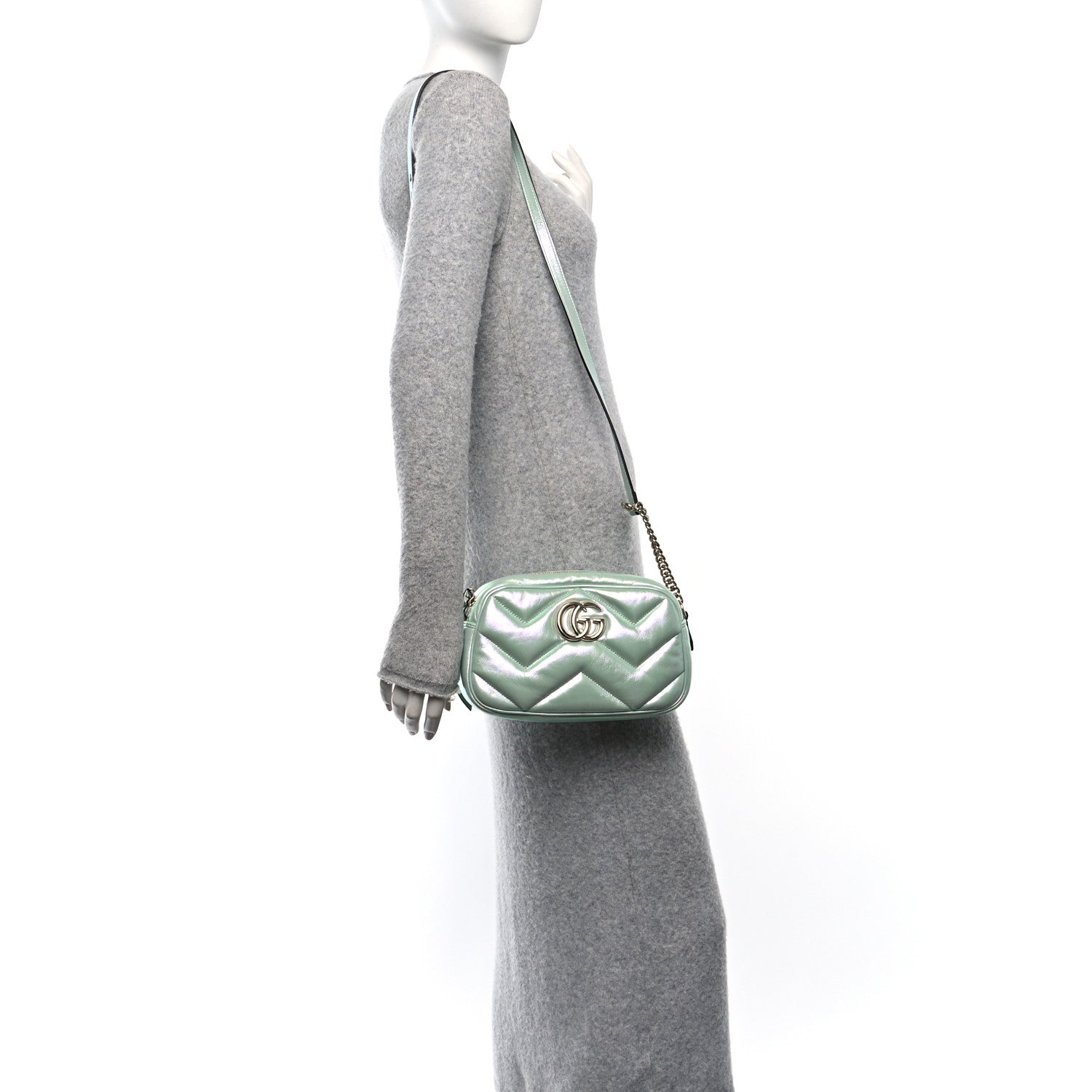 Gucci Iridescent Nappa Chevron Matelasse Small GG Marmont Chain Shoulder Bag Iridescent Salvy Green 2 of 10