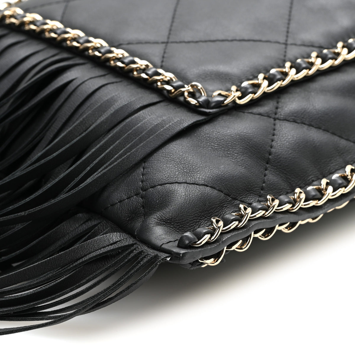 Calfskin Quilted Fringe Small Shopping Bag Black